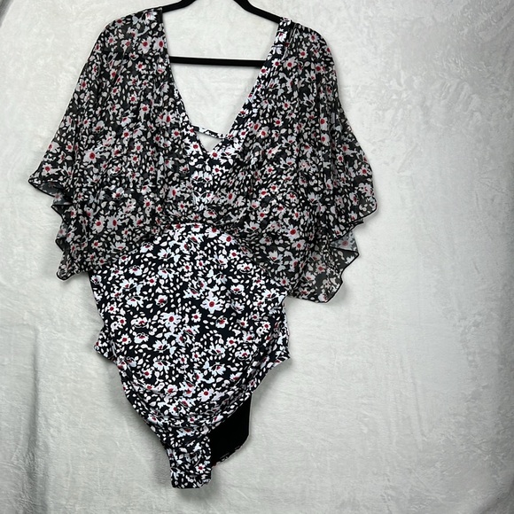 BloomChic Oversized Sleeve One Piece Dolman Mesh Sleeve Ruched Black Swimsuit - Picture 3 of 15